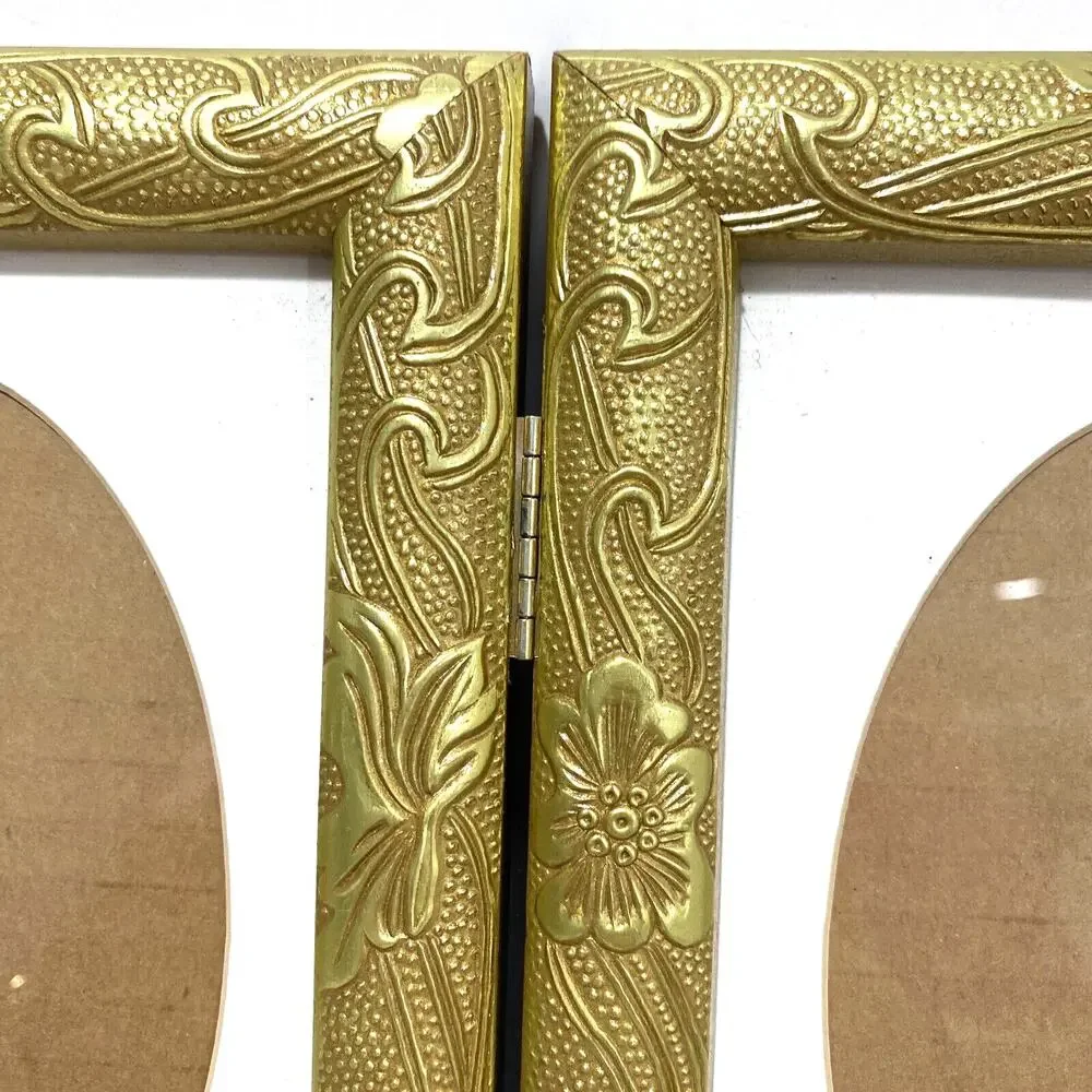 Gold Frame Double Photo Holder Textured Embossed Finish Art Deco Cottage Chic